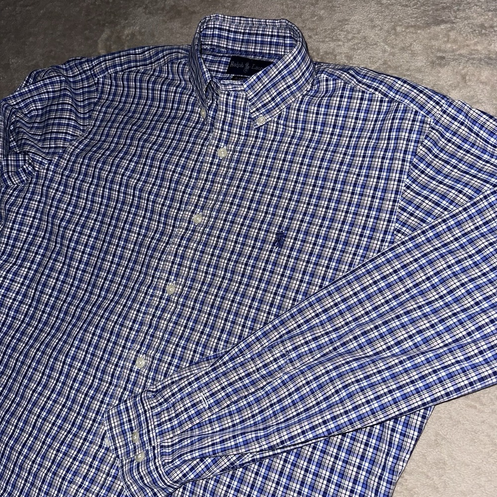 Polo Ralph Lauren Shirt Mens 16 L Classic Fit Plaid Button Down Blue Pink LS